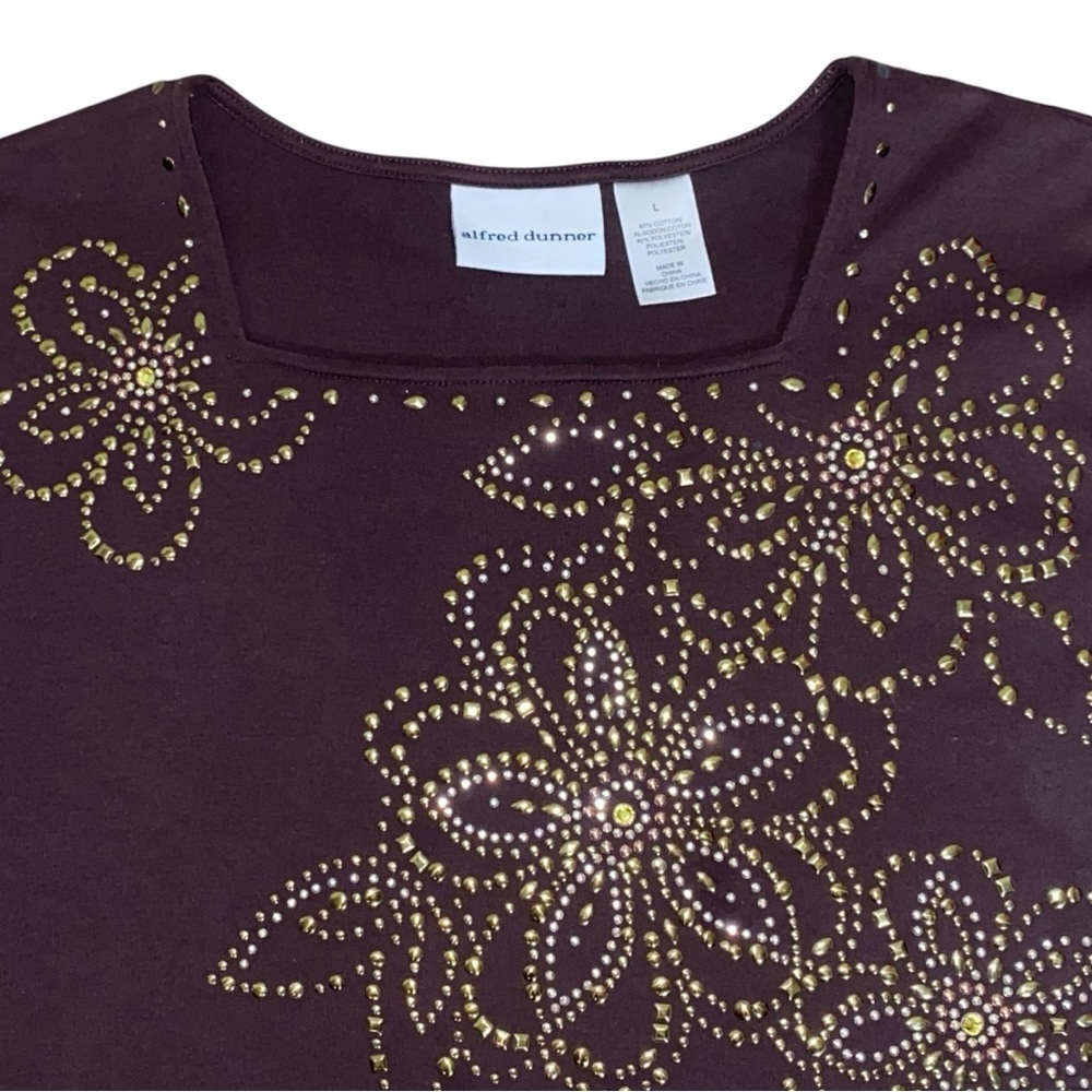 Alfred Dunner Floral Studded Brown/Metallic Square Neck 3/4 Sleeve Top - Picture 3 of 4
